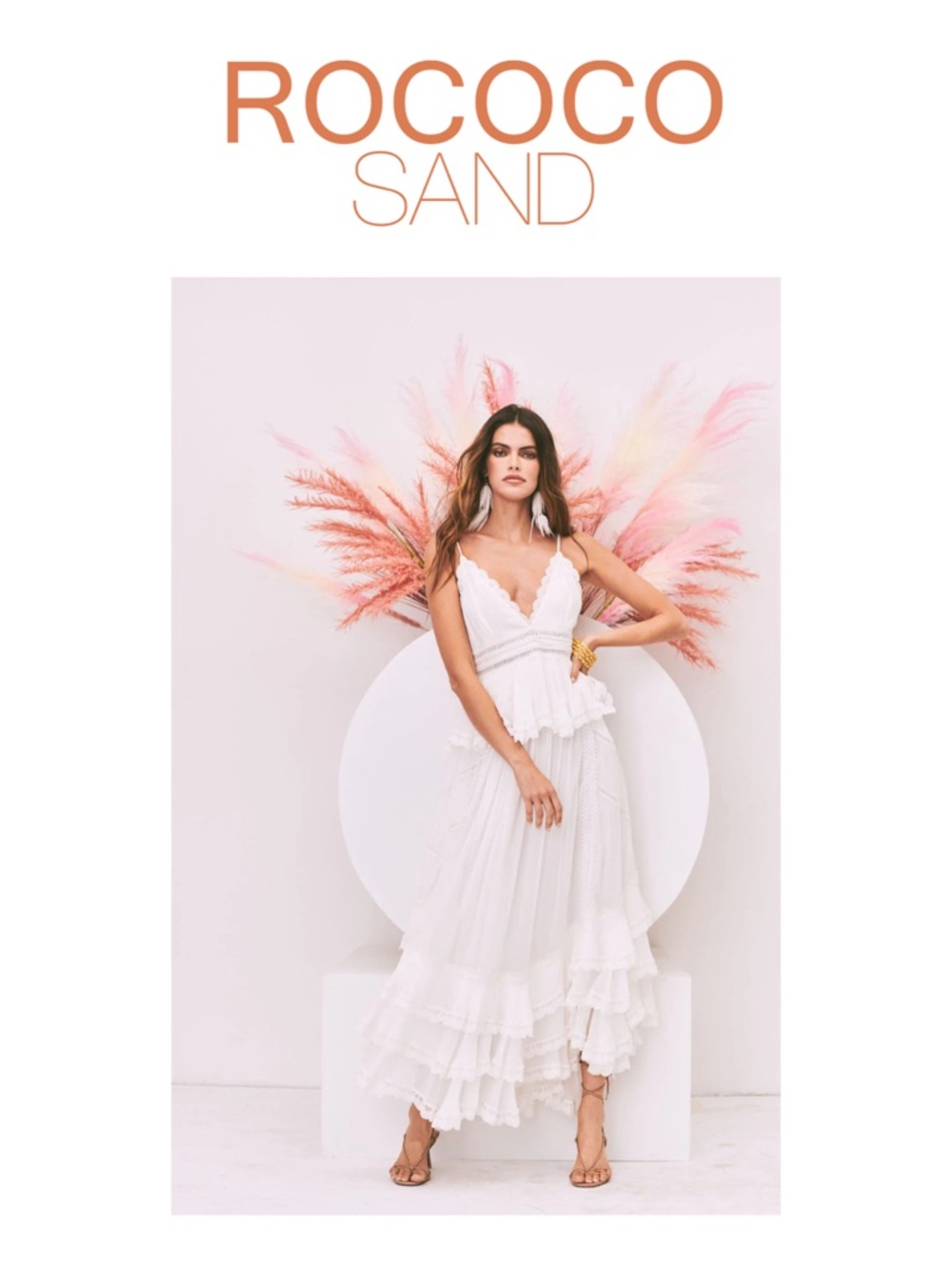 ROCOCO SAND Mia Sleeveless V-Neck Long Ruffle Lace Dress